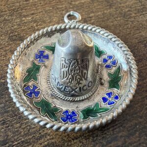 Vintage Mexico 3D Sombrero Hat Floral Enamel Sterling Silver 925 Pendant